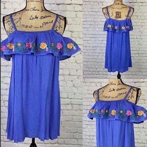 Wonderland Crinkly Cold Shoulder Embroidered Ruffle Dress